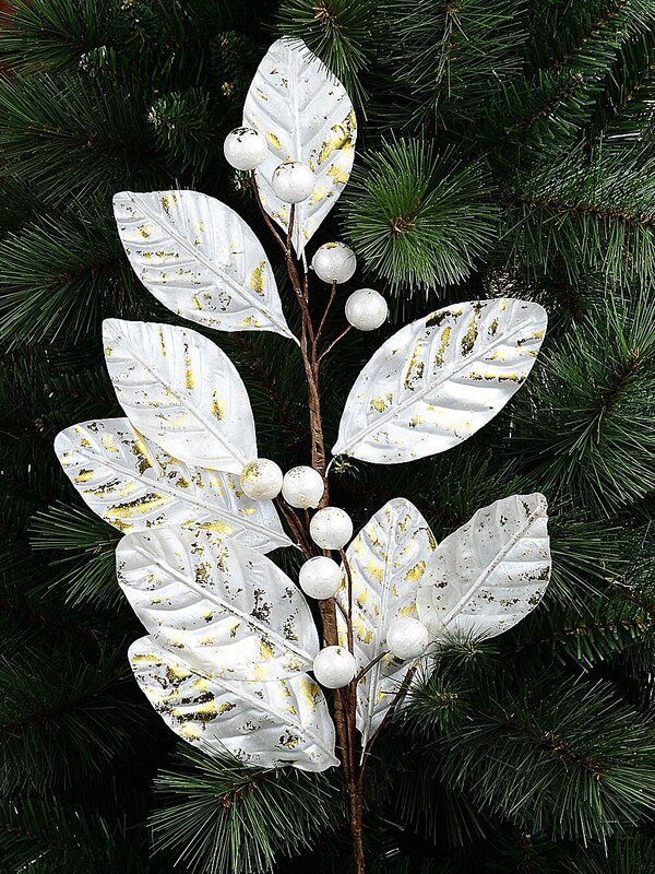 White & Gold Magnolia Leaf & Berry Spray Long Christmas Stem | 78cm — image 3