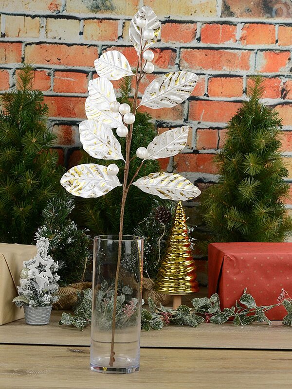 White & Gold Magnolia Leaf & Berry Spray Long Christmas Stem | 78cm — image 2