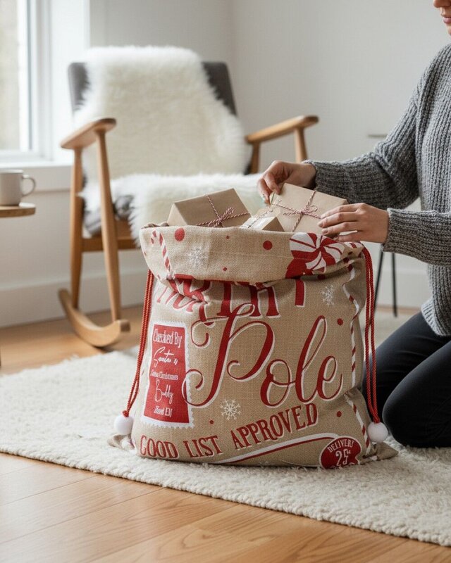 Jute North Pole Good List Approved Checked By Santa & Buddy Gift Sack | 80cm — image 5