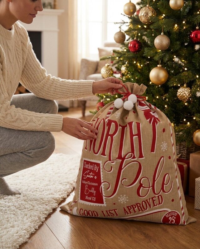 Jute North Pole Good List Approved Checked By Santa & Buddy Gift Sack | 80cm — image 4