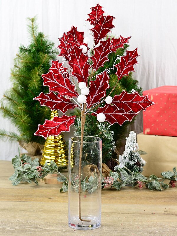 Red Velvet Holly Leaf & Snow Berries Christmas Stem | 80cm — image 2