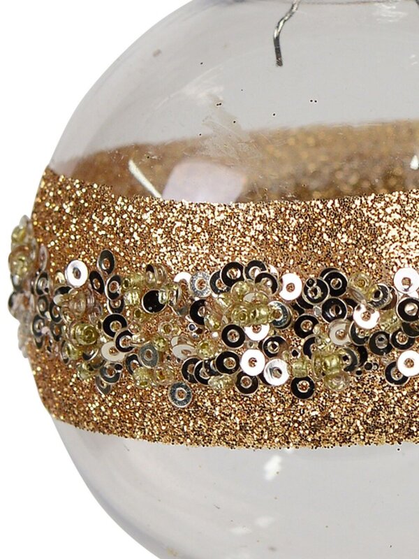 80mm Clear Christmas Ball Bauble With Rose Gold Glitter & Gold Sequin Band — image 2