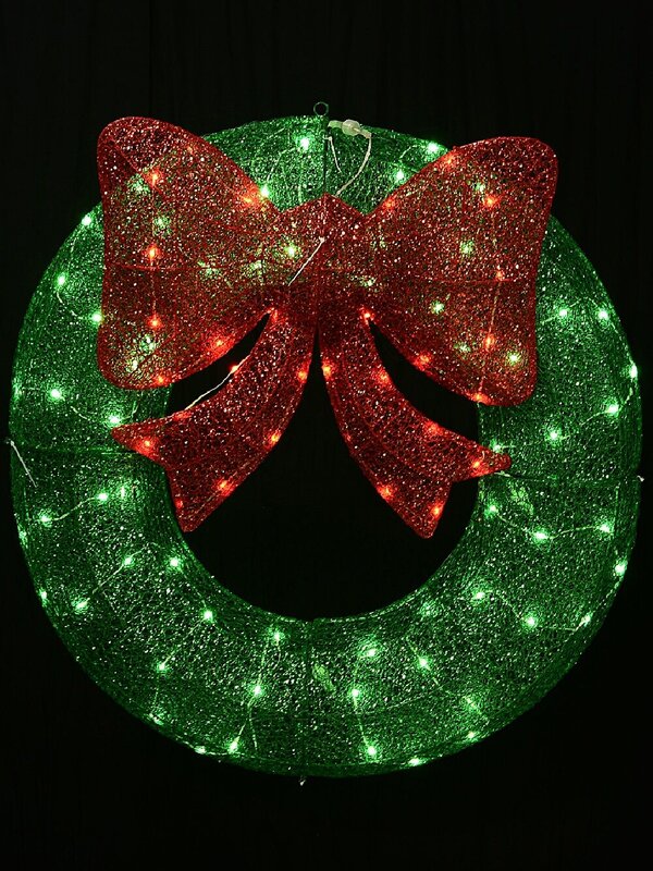 92cm Green & Red With Twinkle LED Mesh Wreath & Bow Light Display — image 3