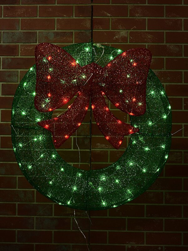 92cm Green & Red With Twinkle LED Mesh Wreath & Bow Light Display — image 2