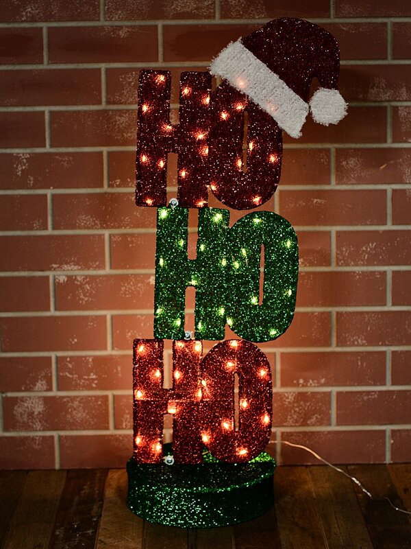 98cm Ho Ho Ho Red & Green Tinsel Mesh With Warm White LED Light Display — image 2