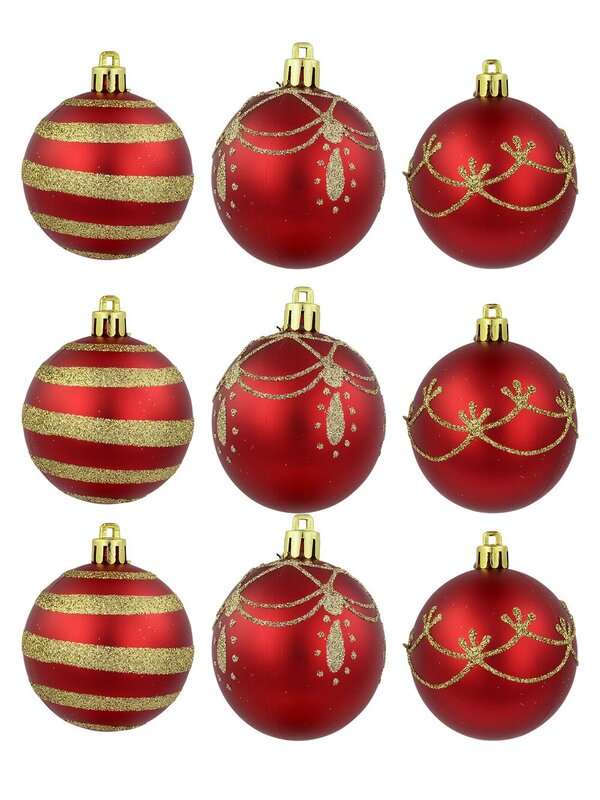 9x 60mm Red Baubles With Gold Stripe, Draped & Ornate Designs — image 2