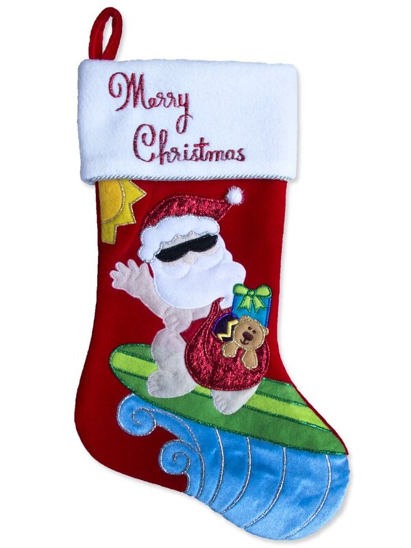 Velvet With Merry Christmas & Santa Surfing Stocking - 46cm