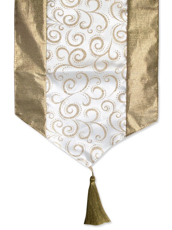 Light Gold Border With Gold Glitter Swirls Christmas Table Runner - 1.8m