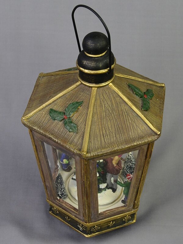 Animated, Musical & Illuminated Brushed Gold Lantern With Scene Inside - 28cm