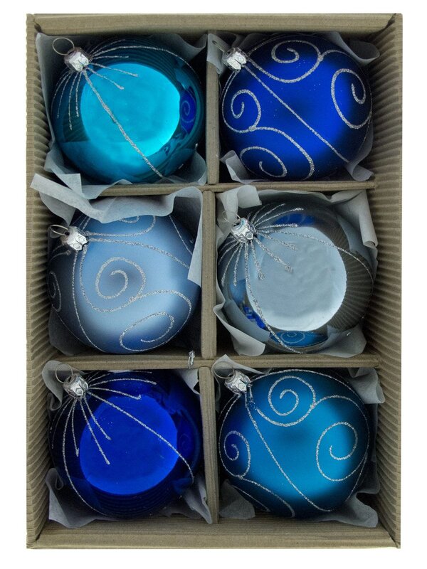 Assorted Blue With Silver Glittered Patterns Baubles - 6 x 80mm — image 8