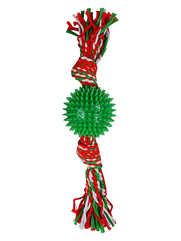 Assorted Red Or Green Spiky Ball Dog Toy with Tug Rope | Festive Pet Play — image 3
