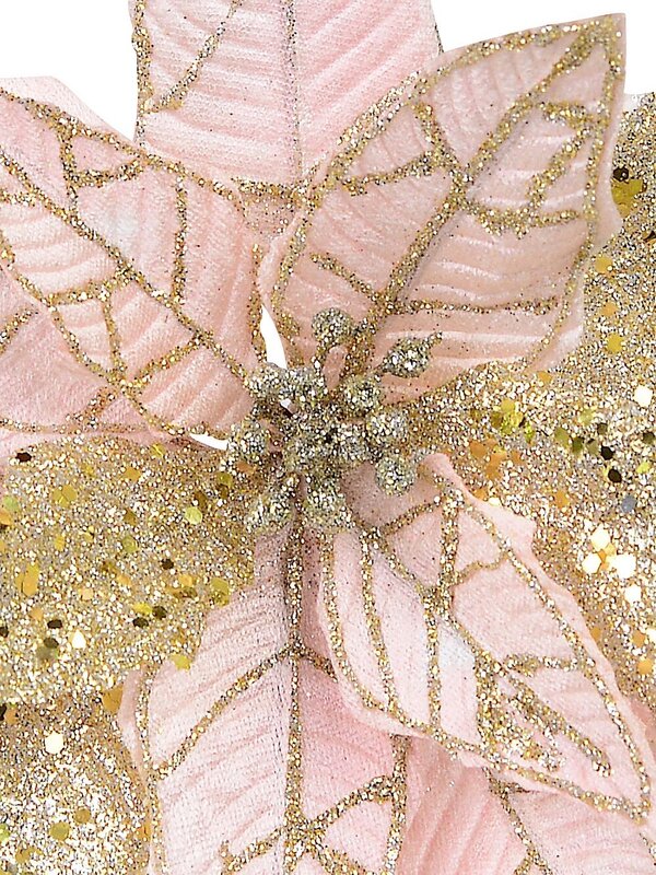 Blush Pink Poinsettia Pick With Gold Glitter Detail & Clip - 25cm