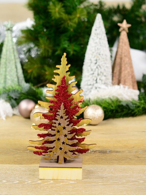 Brown, Red & Natural Wooden Christmas Trees Table Top Ornament - 28cm — image 4