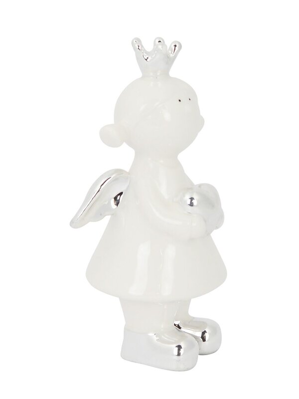 Ceramic Standing Angel Ornament In White Gloss & Silver - 14cm