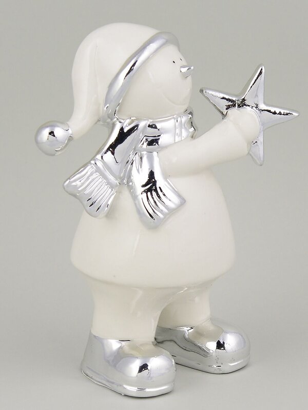 Ceramic White Snowman Holding Silver Star Ornament - 16cm
