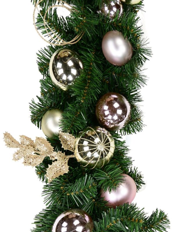Champagne & Pink Bauble, Holly Leaf & Whisker Loops Christmas Garland - 2.7m