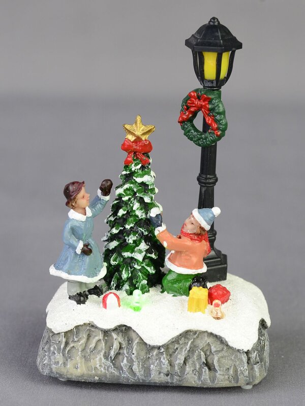 Children By A Christmas Tree & Lamp Post Scene With LED Lights - 15cm