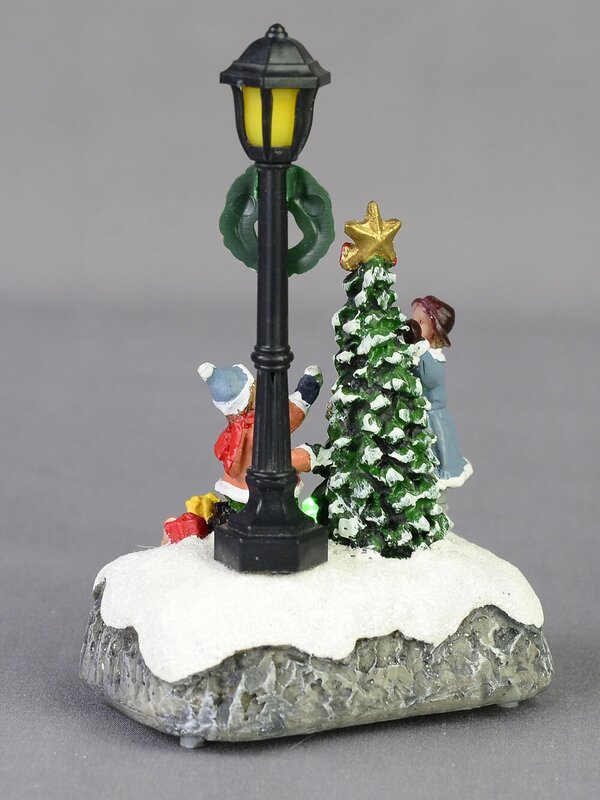 Children By A Christmas Tree & Lamp Post Scene With LED Lights - 15cm