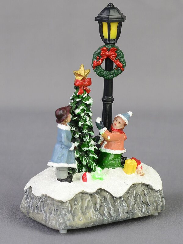 Children By A Christmas Tree & Lamp Post Scene With LED Lights - 15cm