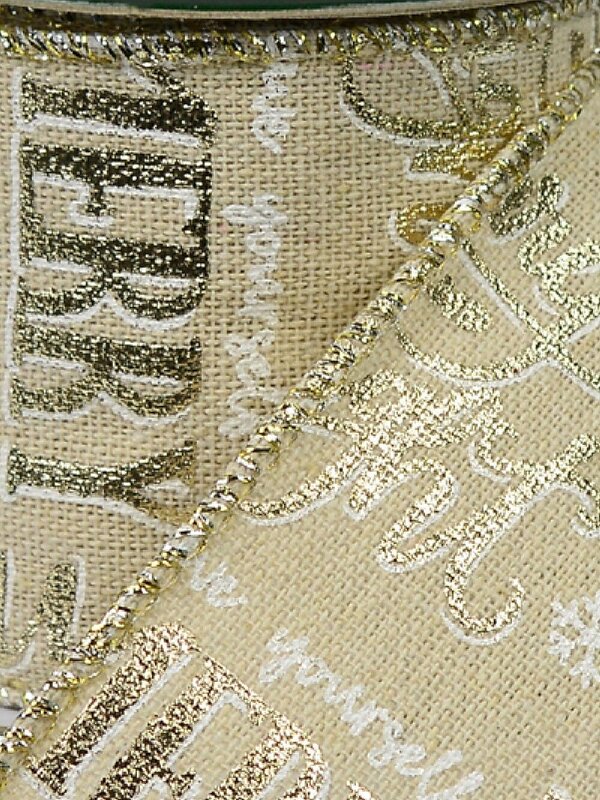 Christmas Font On Natural Look Christmas Ribbon With Silver Edging - 3m