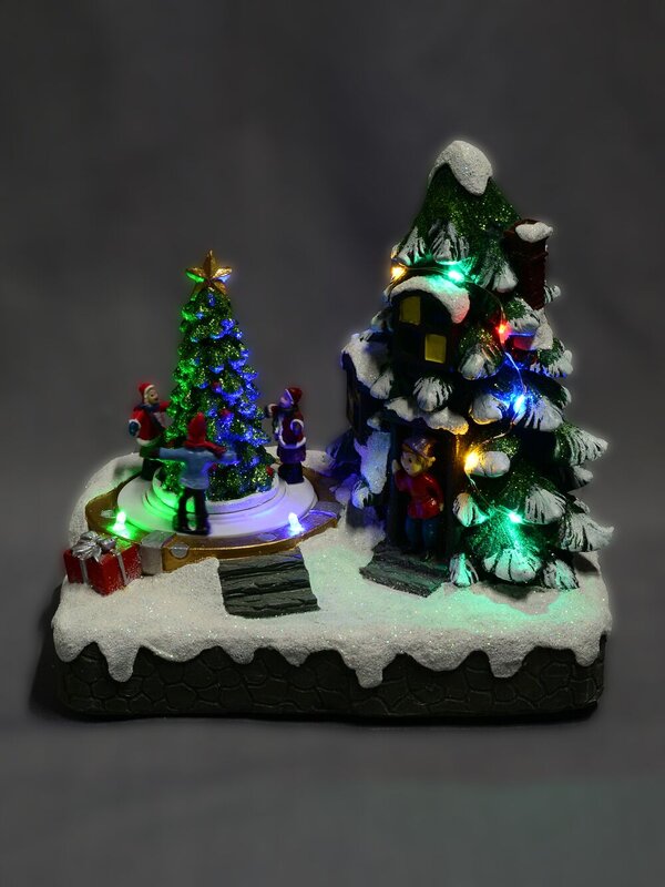 Christmas Tree Scene With Kids & Elf With LED Lights & Animated Tree - 19cm — image 3