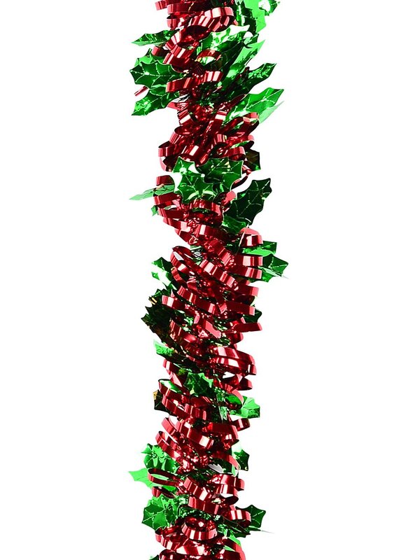 Classic 4ply Red Ribbon & Green Holly Christmas Tinsel Garland | 2.7m x 90mm — image 3
