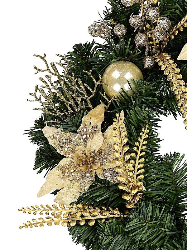 Classic Gold & Champagne Wreath With Poinsettias, Baubles & Berries - 48cm