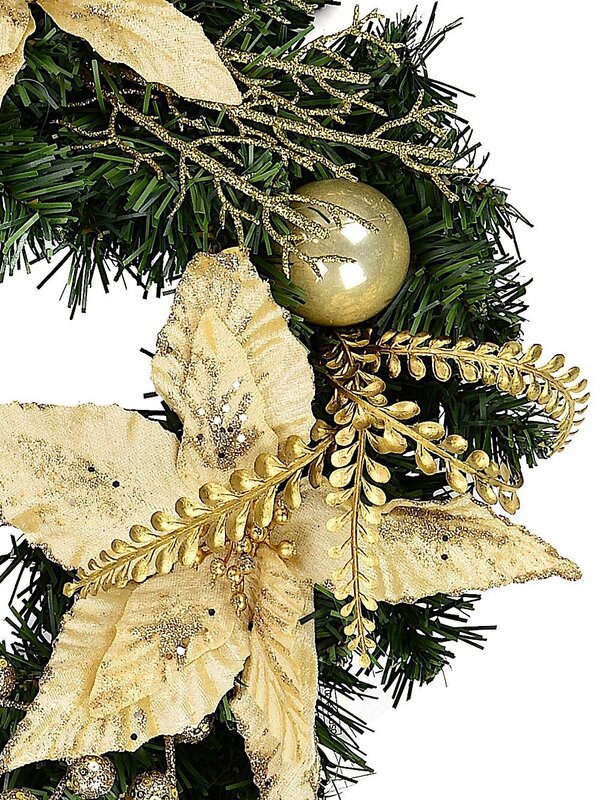 Classic Gold & Champagne Wreath With Poinsettias, Baubles & Berries - 48cm