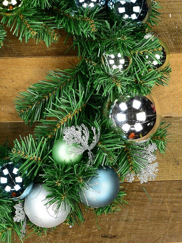 Decorated Blue, Silver & Mint Baubles, Silver Bow & Ferns Pine Wreath - 42cm
