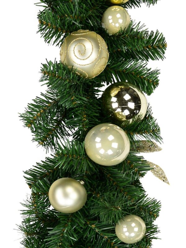 Decorated Gold & Champagne Bauble & Leaf Stem Pine Christmas Garland - 2.7m