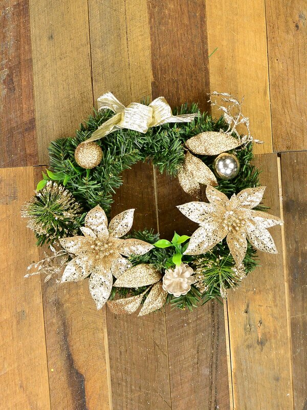 Decorated Gold & Champagne Mixed Foliage & Floral Pine Wreath - 30cm — image 2