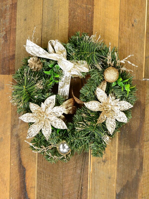 Decorated Gold & Champagne Mixed Foliage & Floral Pine Wreath - 40cm — image 2