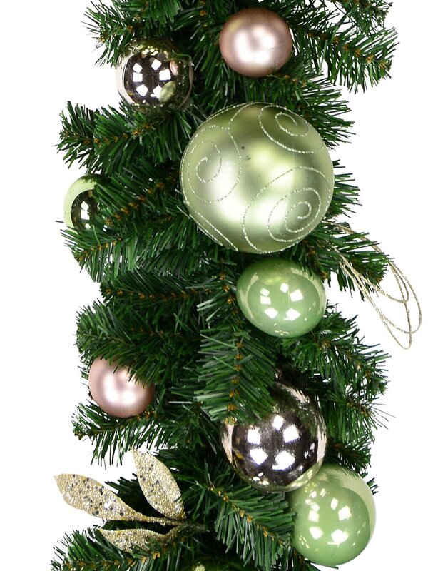 Decorated Pink & Mint Baubles, Whisker Loops & Leaf Stem Pine Garland - 2.7m