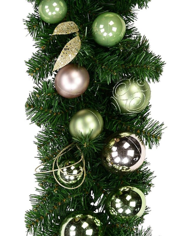 Decorated Pink & Mint Baubles, Whisker Loops & Leaf Stem Pine Garland - 2.7m