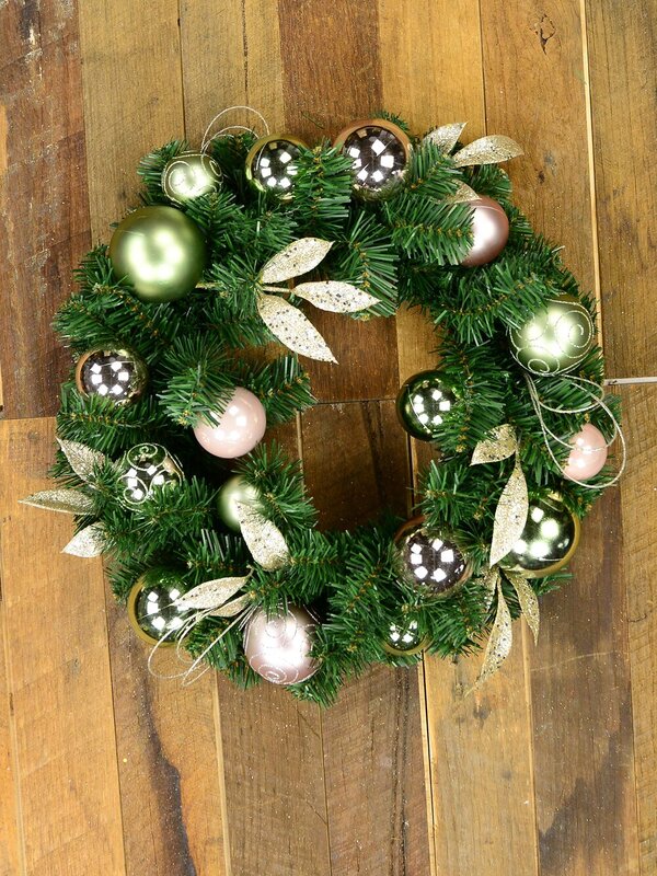 Decorated Pink & Mint Baubles, Whisker Loops & Leaf Stem Pine Wreath - 45cm — image 2