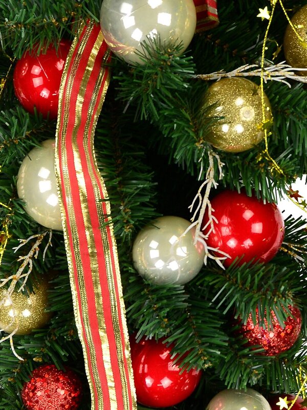 Decorated Red & Gold Bauble, Ribbon & Twigs Pine Teardrop Swag - 90cm