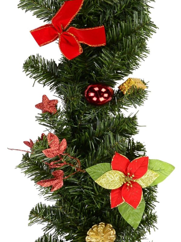 Decorated Red, Green & Gold Mixed Foliage & Floral Pine Garland - 2.3m