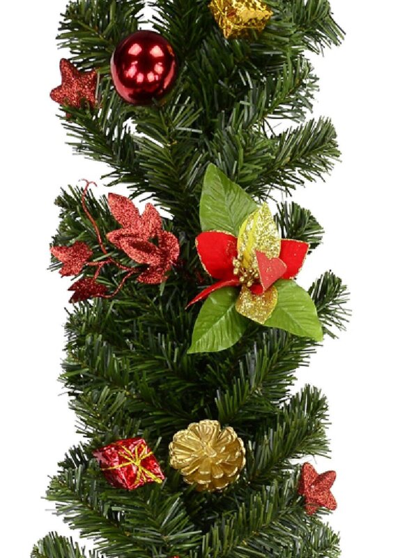 Decorated Red, Green & Gold Mixed Foliage & Floral Pine Garland - 2.3m