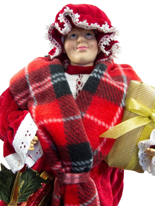 Decorative Mrs Claus With Tartan Shawl & Gifts - 46cm