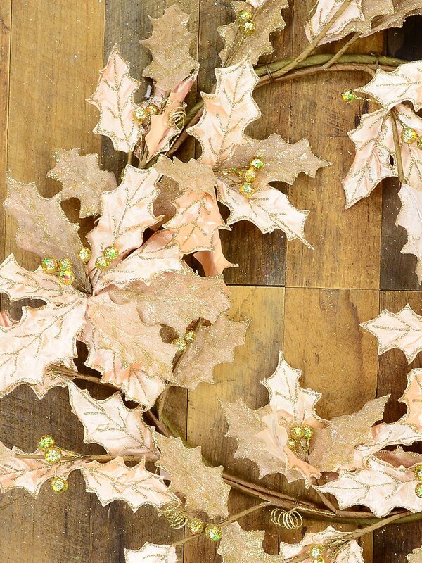 Decorative Two Leaf Style Pink Holly With Gold Berries Wreath - 60cm