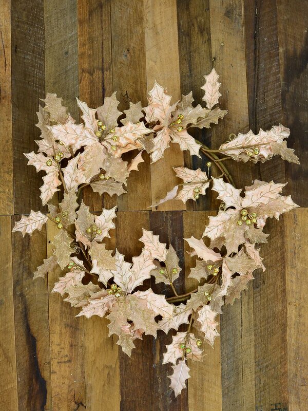 Decorative Two Leaf Style Pink Holly With Gold Berries Wreath - 60cm