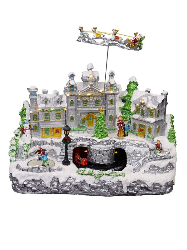 Flying Santa & Reindeer Over Snowy Winter Christmas Village Scene - 38cm — image 2