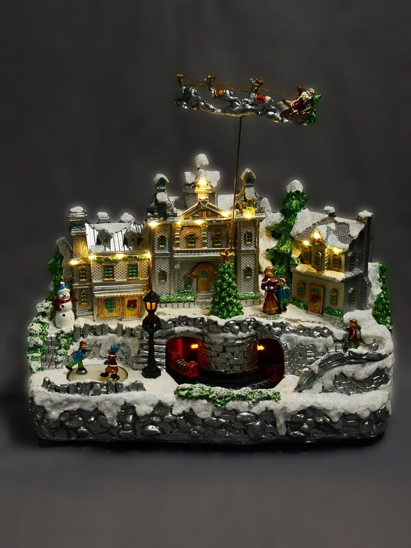 Flying Santa & Reindeer Over Snowy Winter Christmas Village Scene - 38cm — image 3