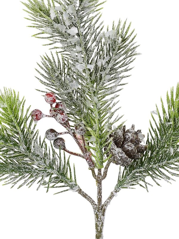 Frosted Pine Branch with Red Berries & Pine Cone - 30cm