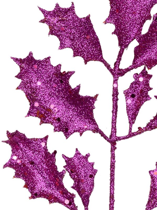 Fuchsia Glitter Holly Leaf Decorative Christmas Floral Pick - 15cm