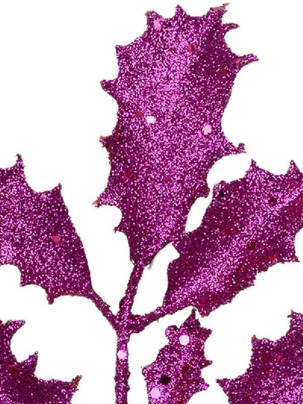 Fuchsia Glitter Holly Leaf Decorative Christmas Floral Pick - 15cm