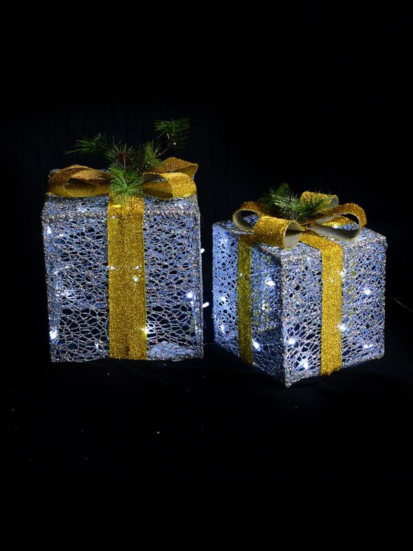 Glittered Grey Mesh 3D Gift Boxes With Bow & Warm White LED Lights - 30cm — image 3