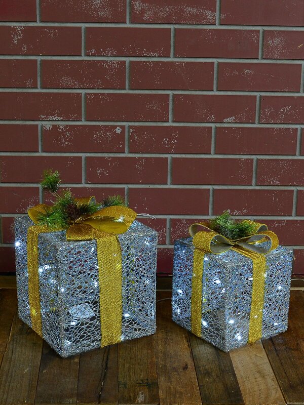 Glittered Grey Mesh 3D Gift Boxes With Bow & Warm White LED Lights - 30cm — image 2