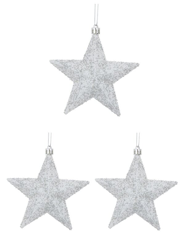 Glittered & Textured White Star Christmas Tree Hanging Decorations - 3 x 13cm