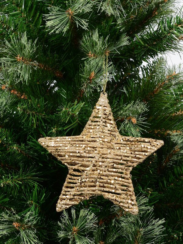 Gold Glittered Twine Wrapped Look 3D Star Hanging Decoration - 18cm